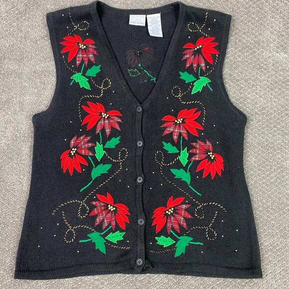 Vintage Bobbie Brooks Ugly Christmas Sweater Vest Women's Large Black Poinsettia - Picture 1 of 8